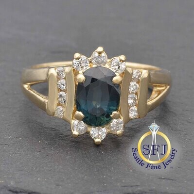Sapphire and Diamond Halo Ring, Solid 14K Yellow Gold