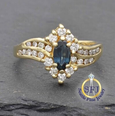 Marquise Sapphire and Diamond Halo Ring, Solid 14K Yellow Gold