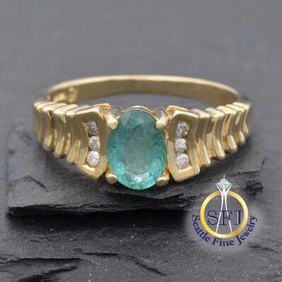 Emerald and Diamond Ring, Solid 14K Yellow Gold
