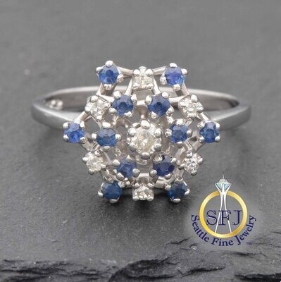Sapphire and Diamond Ballerina Cluster Ring, Solid 14K White Gold