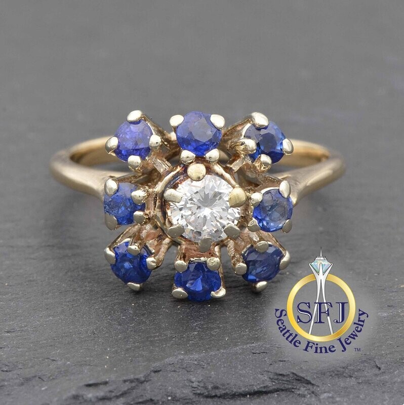 Antique Sapphire and Diamond  Cluster Ring, Solid 14K Yellow Gold