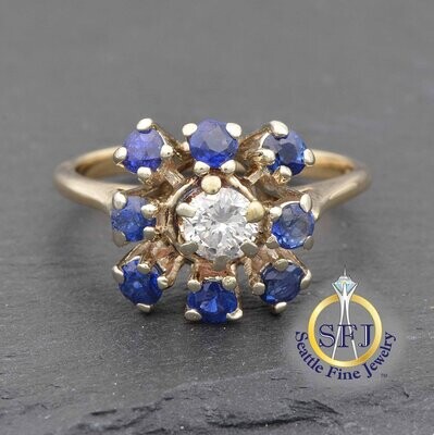 Antique Sapphire and Diamond Cluster Ring, Solid 14K Yellow Gold