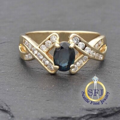 Sapphire and Diamond Criss-Cross XOX Ring, Solid 14K Yellow Gold
