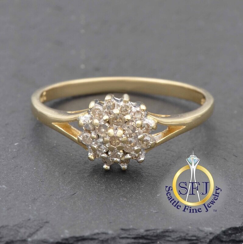 Diamond Cluster Halo Ring, Solid 14K Yellow Gold