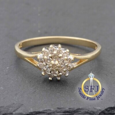 Diamond Cluster Halo Ring, Solid 14K Yellow Gold