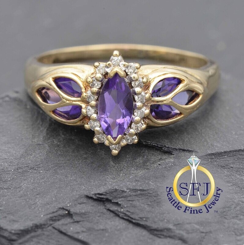 Amethyst and Diamond Halo Piercework Ring, Solid 10K Yellow  Gold
