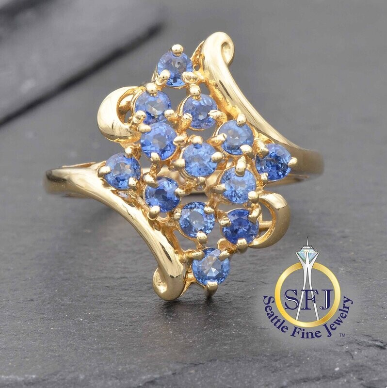 Sapphire Filigree Cluster Ring, Solid Yellow 10K Gold