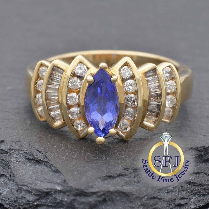Marquise Tanzanite and Diamond Ring, Solid 14K Yellow Gold