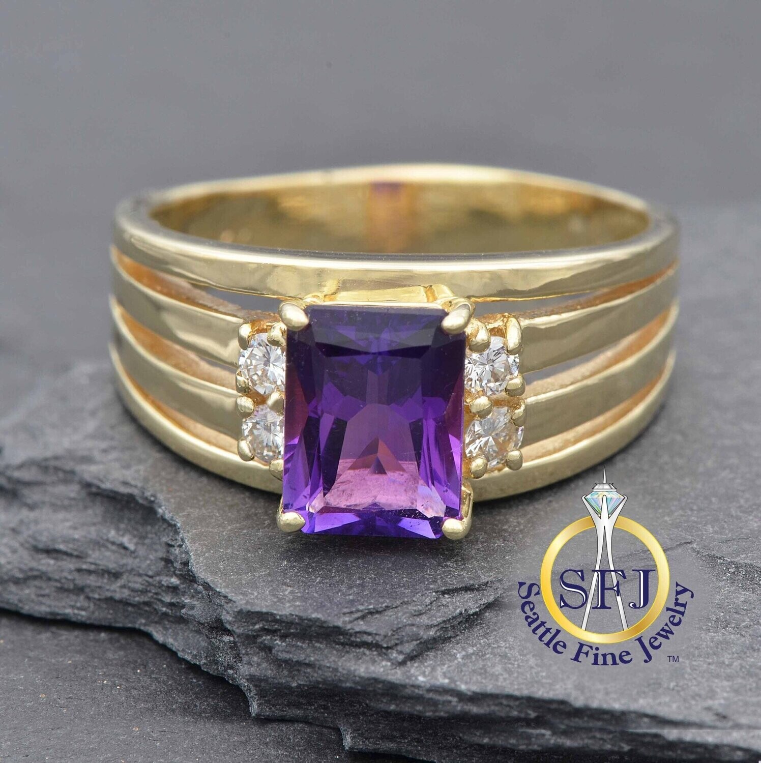 Amethyst and Diamond Band Ring, Solid 14K Yellow Gold