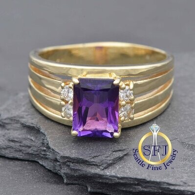 Amethyst and Diamond Band Ring, Solid 14K Yellow Gold