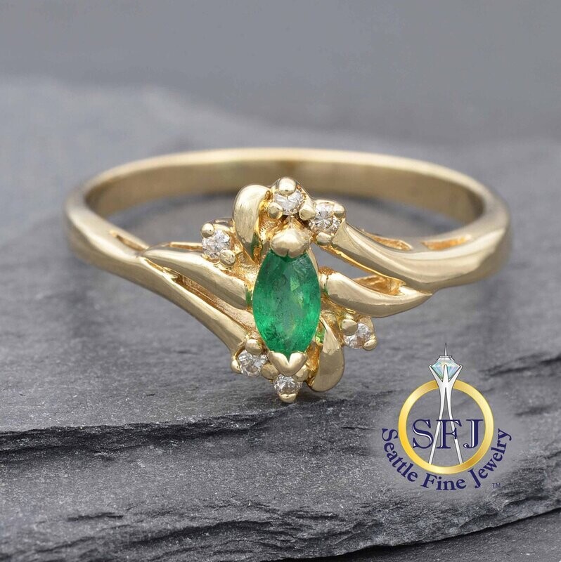 Marquise Emerald and Diamond Ring, Solid 14K Yellow Gold
