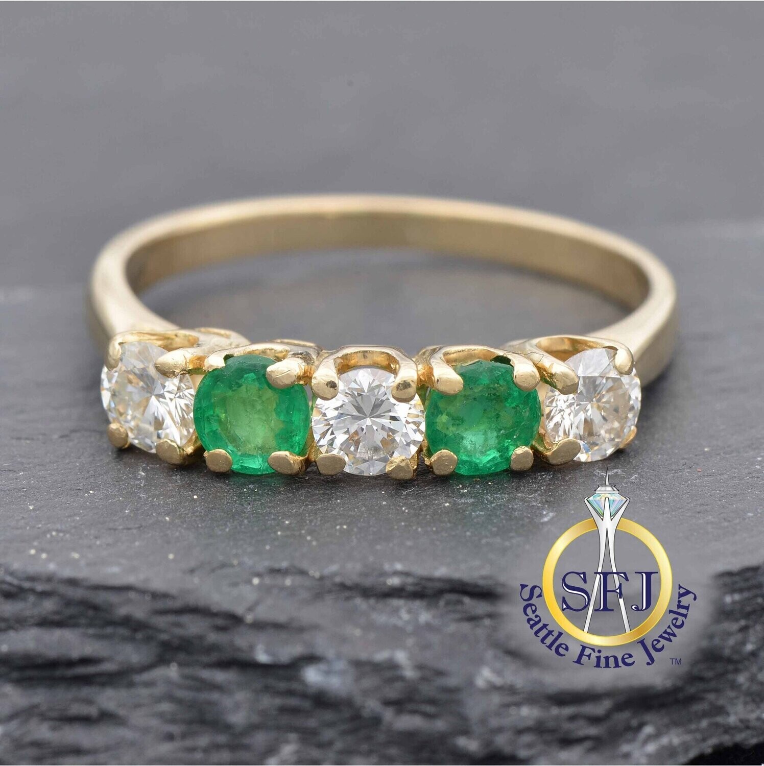 Emerald and Diamond Band 5-Stone Ring, Solid 18K Yellow Gold