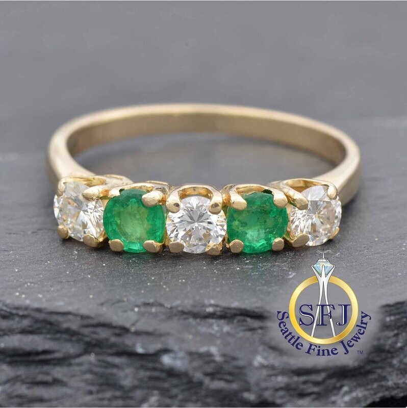 Emerald and Diamond Band 5-Stone Ring, Solid 18K Yellow Gold