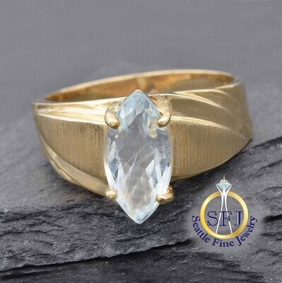 Large Marquise Aquamarine Solitaire Ring 10K Solid Yellow Gold