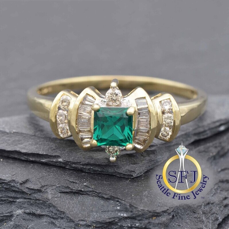 Emerald and Diamond Ring 10K Solid Yellow Gold