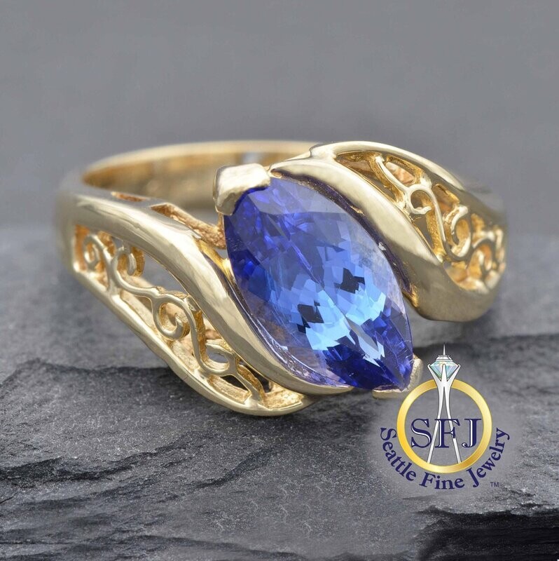 Tanzanite Solitaire Ring, Solid 14K Yellow Gold