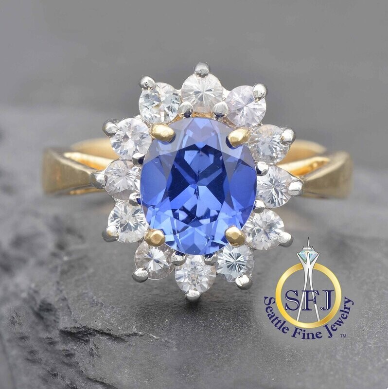 Blue Sapphire and White Sapphire Halo Ring 14K Solid Yellow Gold