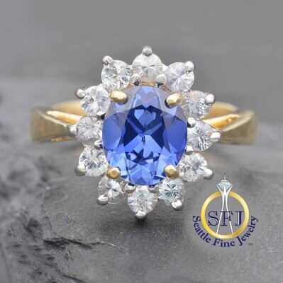 Blue Sapphire and White Sapphire Halo Ring 14K Solid Yellow Gold
