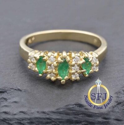 Emerald and Diamond 3-stone Ring 14K Solid Yellow Gold