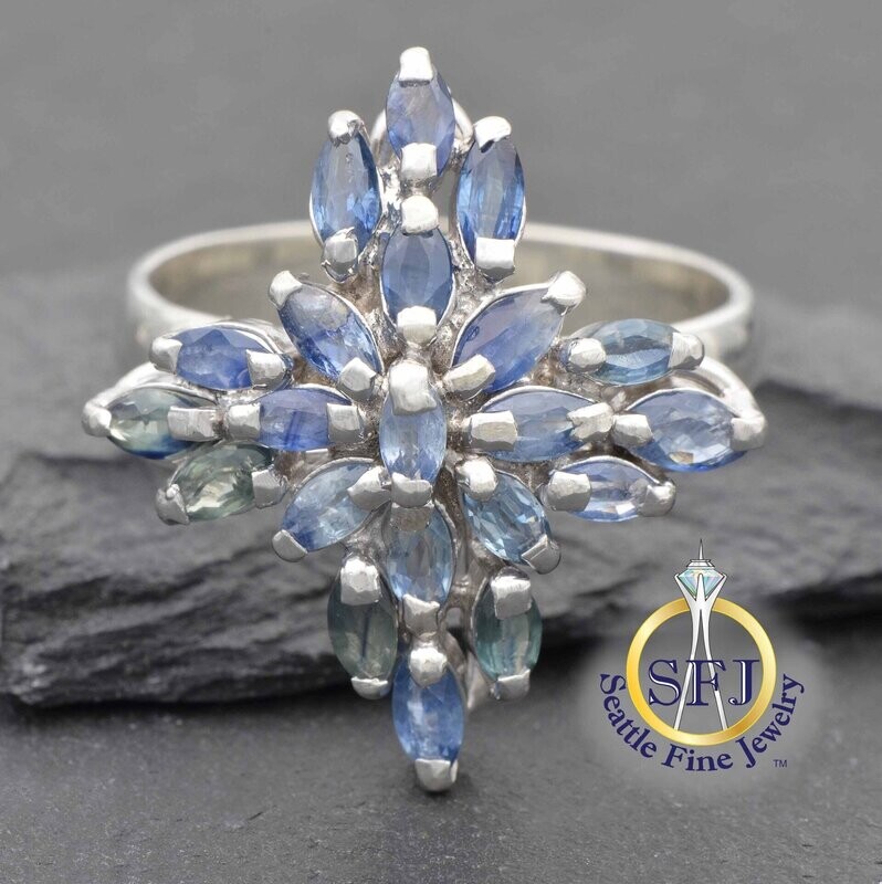 Sapphire Cluster Snowflake Harlequin Ring  Solid Sterling Silver