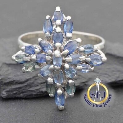 Sapphire Cluster Snowflake Harlequin Ring Solid Sterling Silver