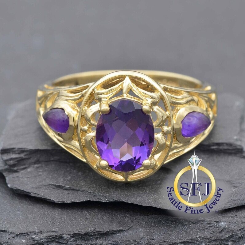 Amethyst Filigree Halo Ring, 10K Solid Yellow Gold