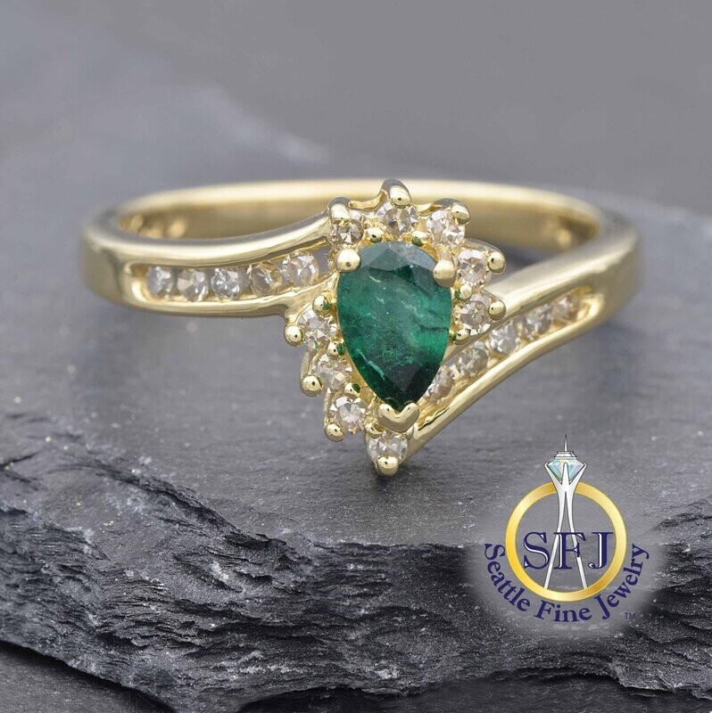 Emerald and Diamond Halo Bypass Ring, 14K Solid Yellow Gold