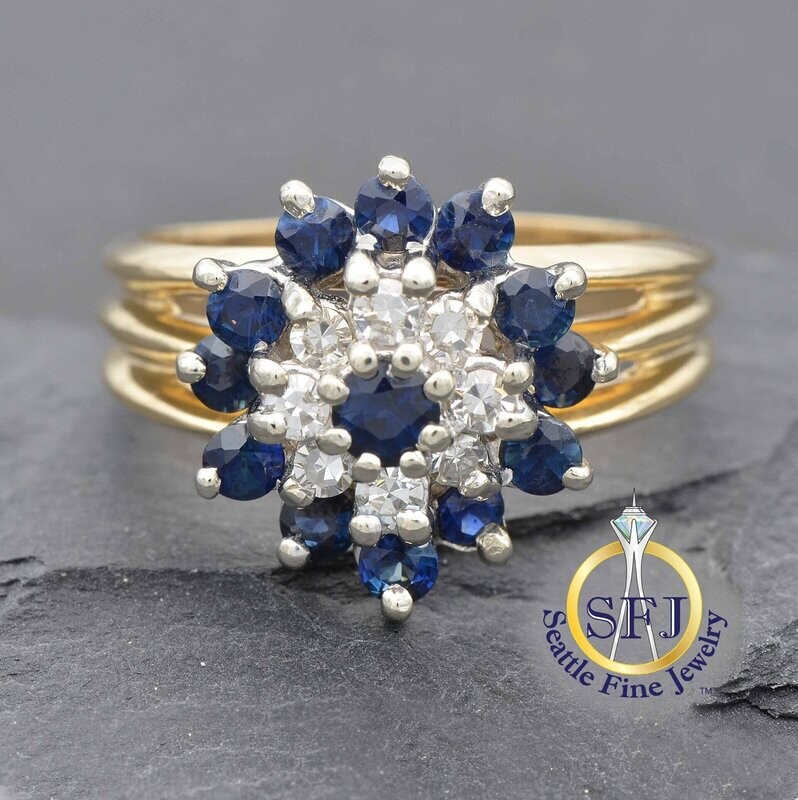 Sapphire and Diamond Cluster Double-Halo Ring, 14K Solid Yellow Gold