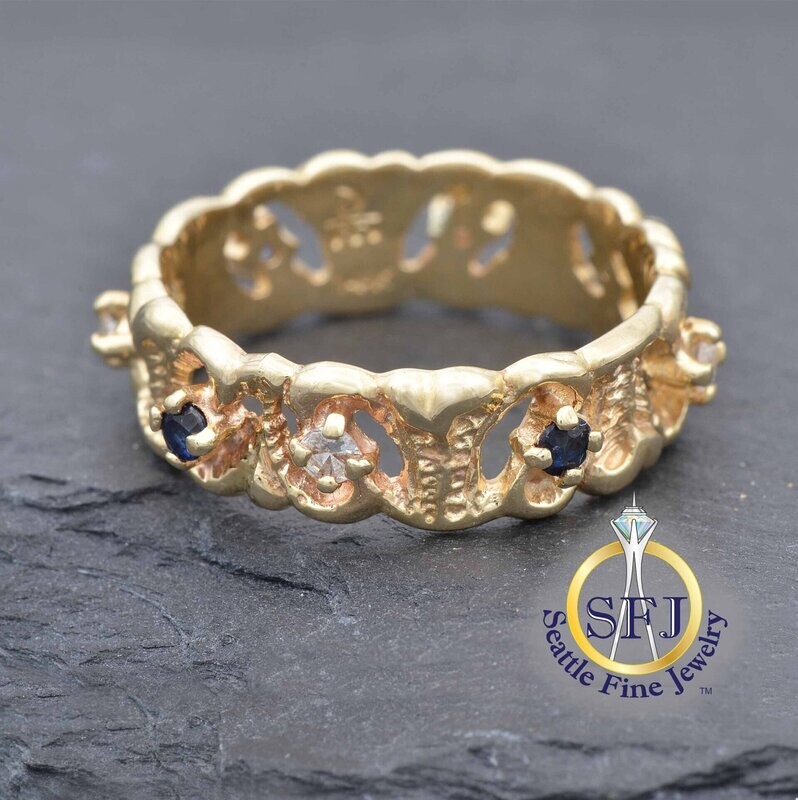 Ornate Sapphire and Diamond Eternity Ring, 14K Solid Yellow Gold