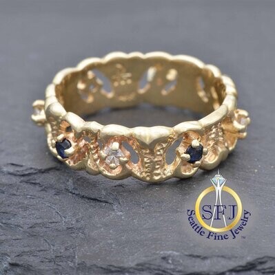 Ornate Sapphire and Diamond Eternity Ring, 14K Solid Yellow Gold