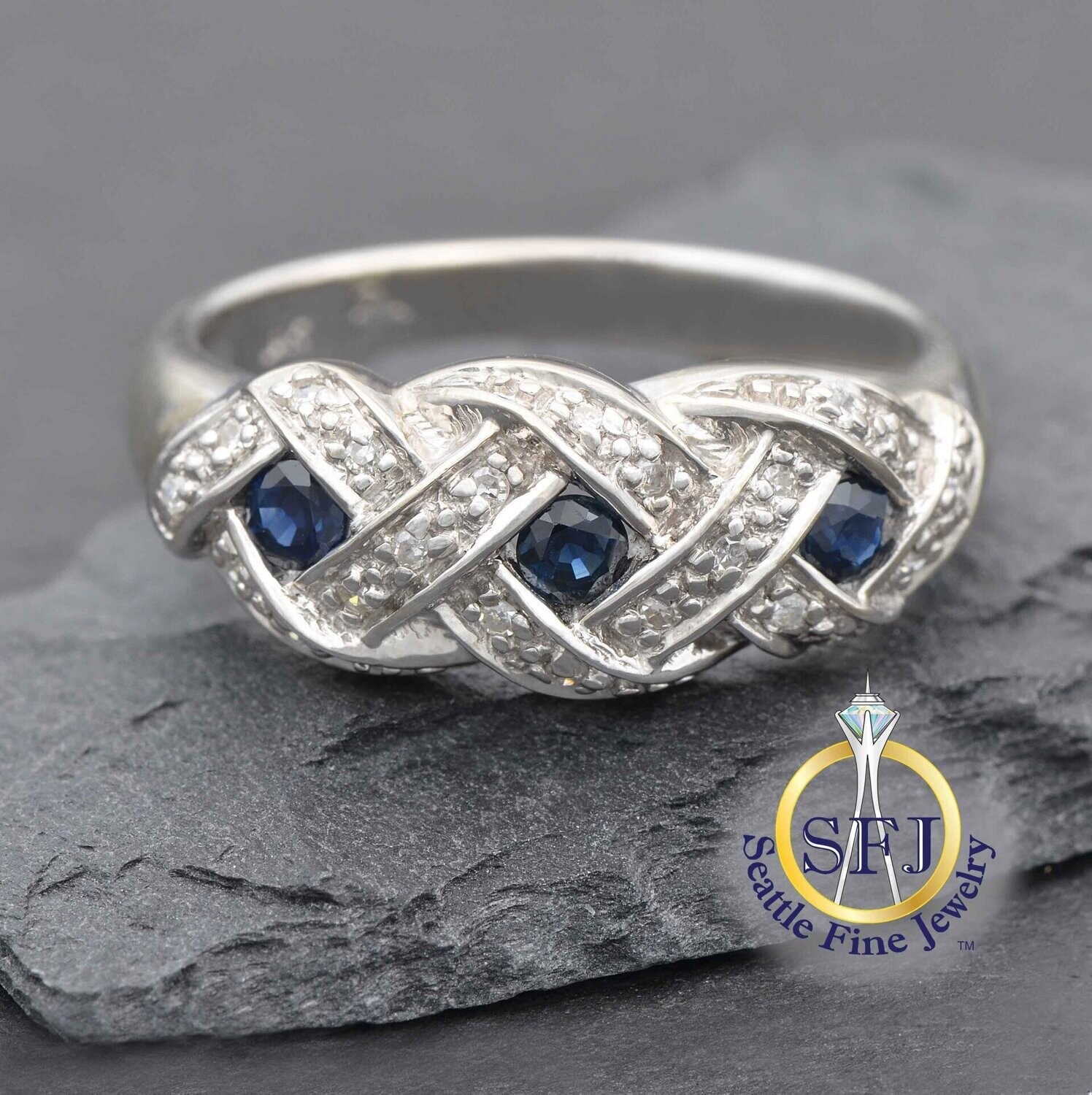 Sapphire and Diamond Basketweave Ring, 14K Solid White Gold