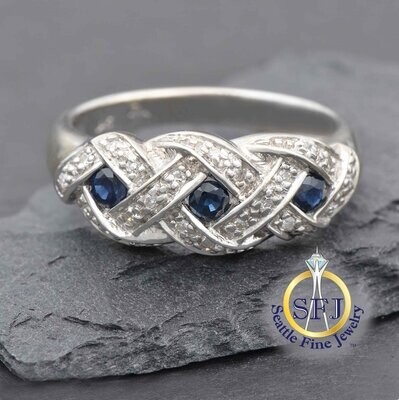 Sapphire and Diamond Ring 14K Solid White Gold