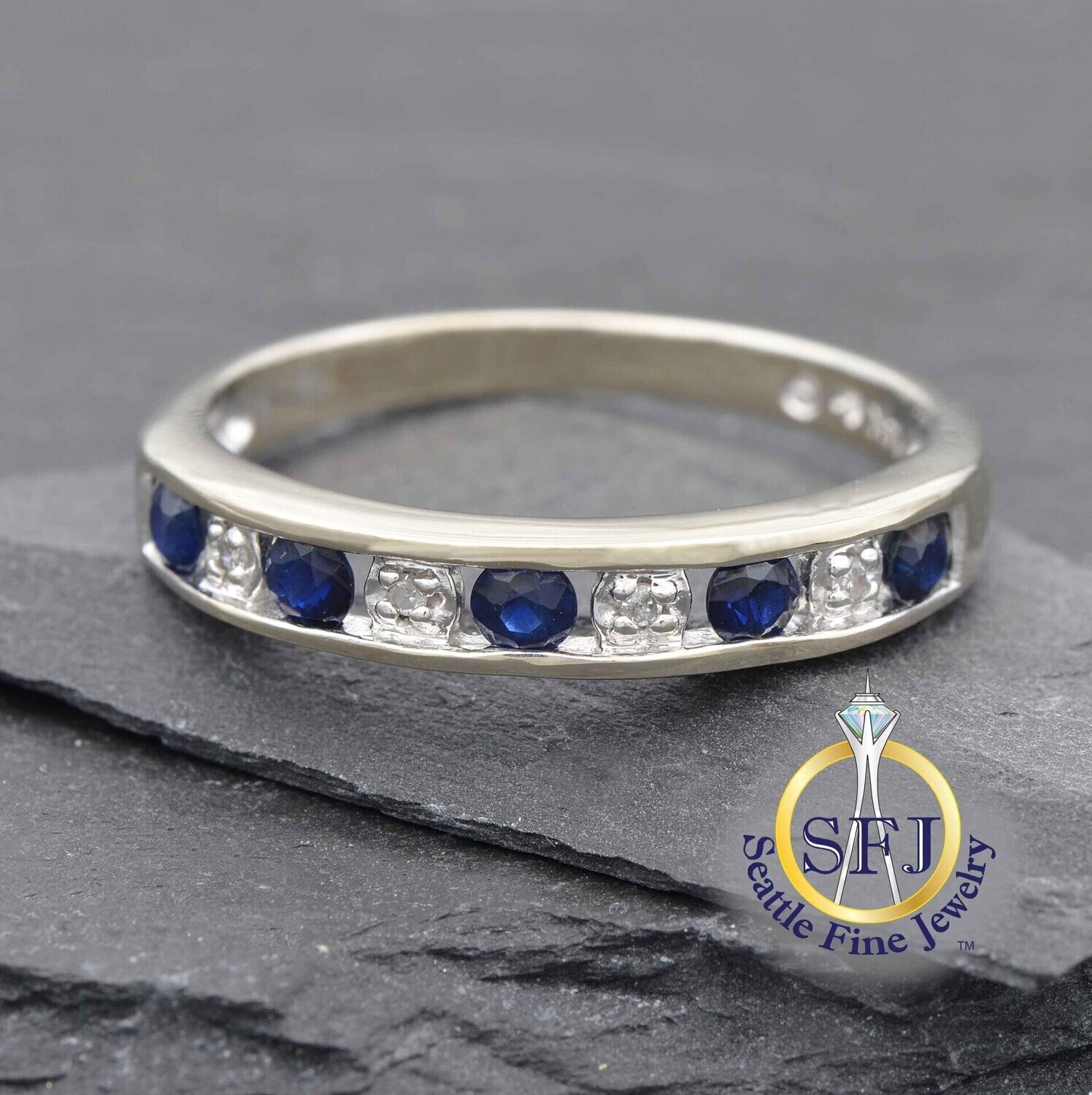 Sapphire and Diamond Channel Set Band Ring, 14K Solid White Gold