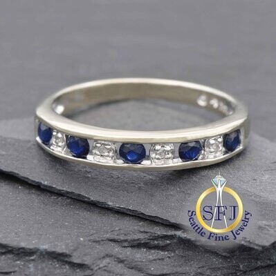 Sapphire and Diamond Channel Set Band Ring, 14K Solid White Gold