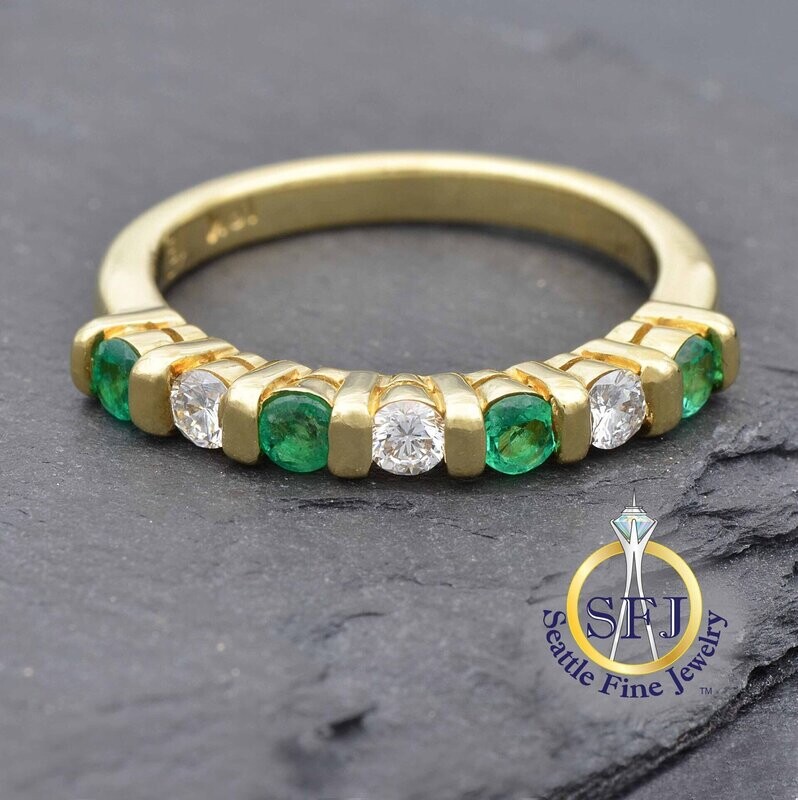 Emerald and Diamond Semi-Eternity Band Ring, 18K Solid Yellow Gold