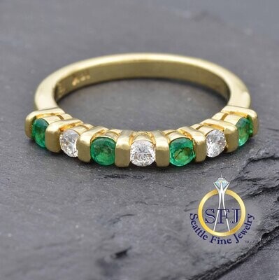Emerald and Diamond Ring 18K Solid Yellow Gold