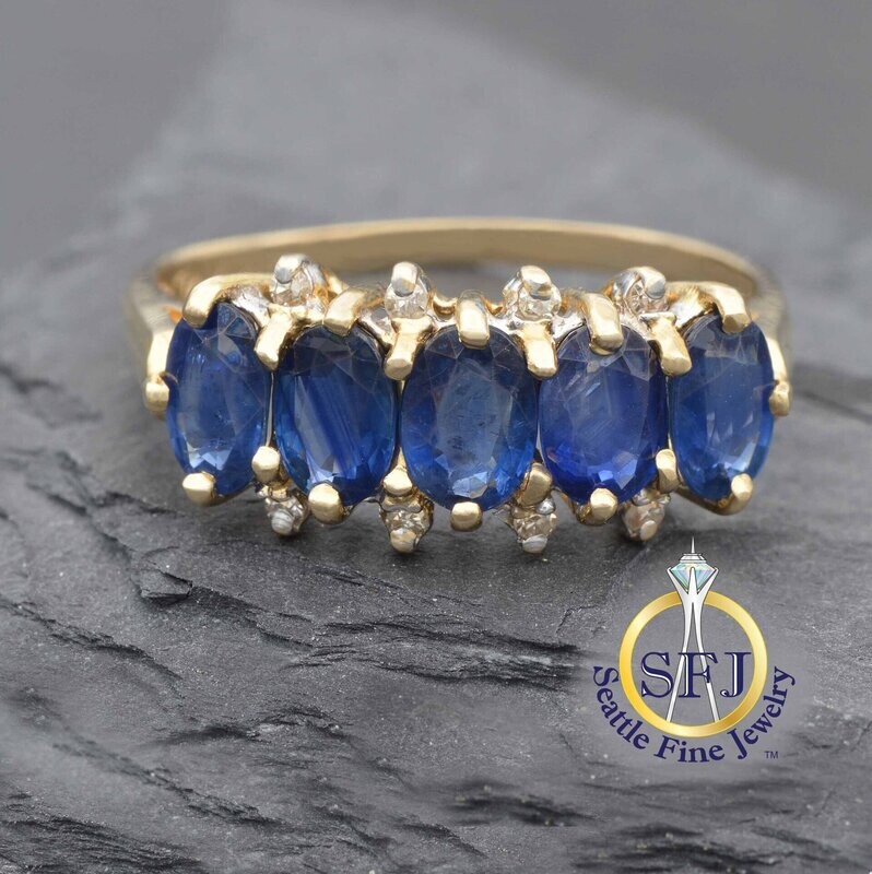 Sapphire and Diamond Accented 5-Stone Ring, 14K Solid Yellow Gold