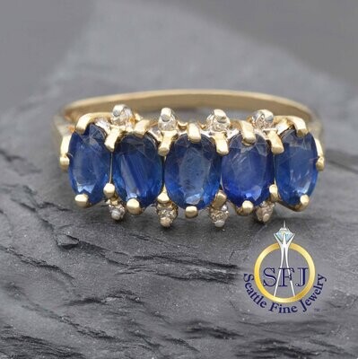 Sapphire and Diamond 5-stone Ring 14K Solid Yellow Gold