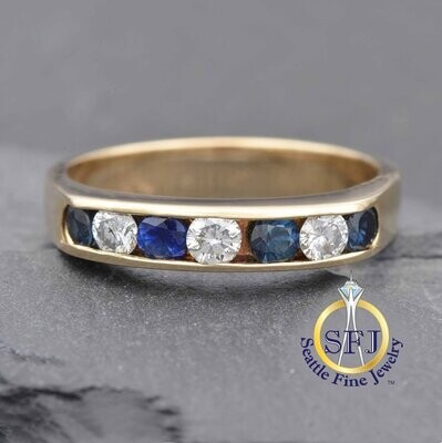 Sapphire and Diamond Channel Set Band Ring, 14K Solid Yellow Gold