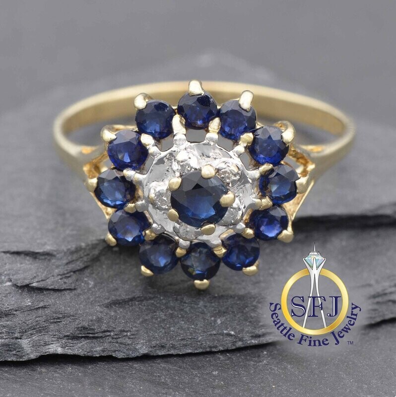 Sapphire and Diamond Double Halo Ring, 10K Solid Yellow Gold