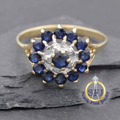 Sapphire and Diamond Double Halo Ring, 10K Solid Yellow Gold