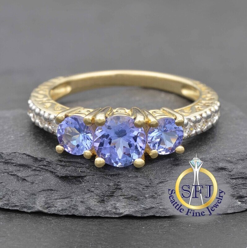 Tanzanite and Diamond 3-Stone Accented Ring, 14K Solid Yellow Gold