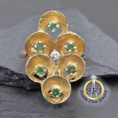 Diamond and Emerald Ring 14K Solid Yellow Gold