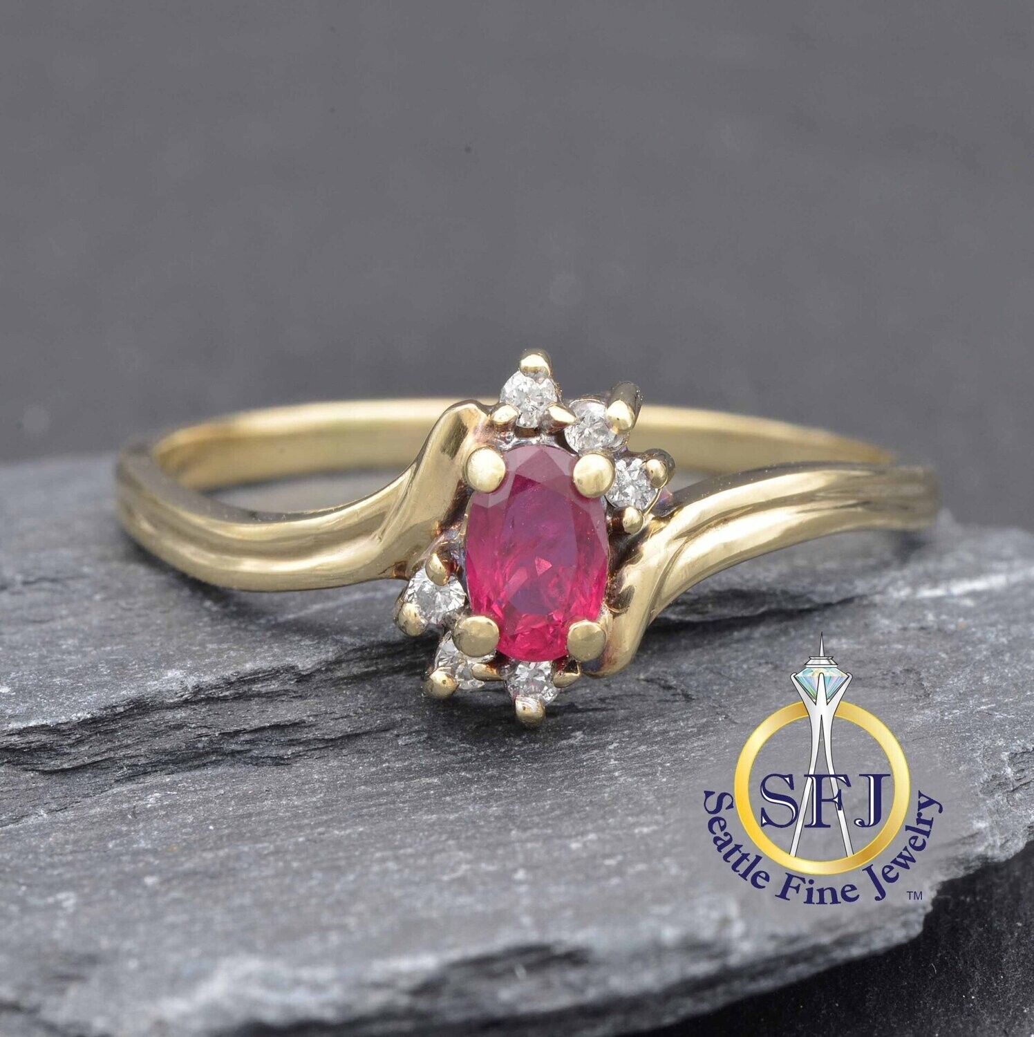 Ruby and Diamond Ring, Solid 10k Yellow Gold