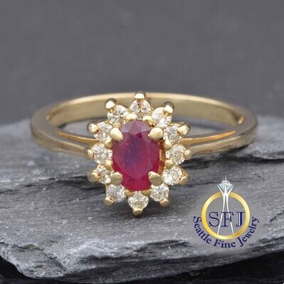 Ruby and Diamond Halo Ring, Solid 14K Yellow Gold