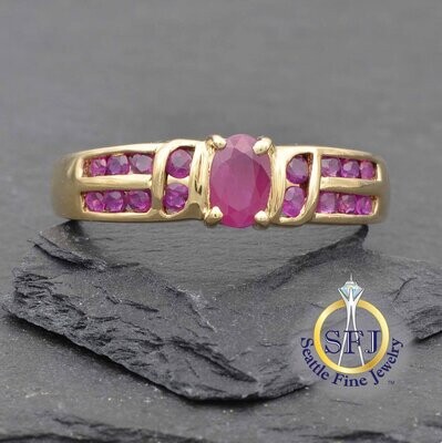 Oval Ruby and Channel Set Ruby Accents Ring, Solid 14K Yellow Gold