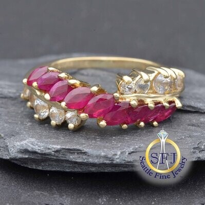 Marquise Ruby and White Sapphire Band Ring, Solid 14k Yellow Gold