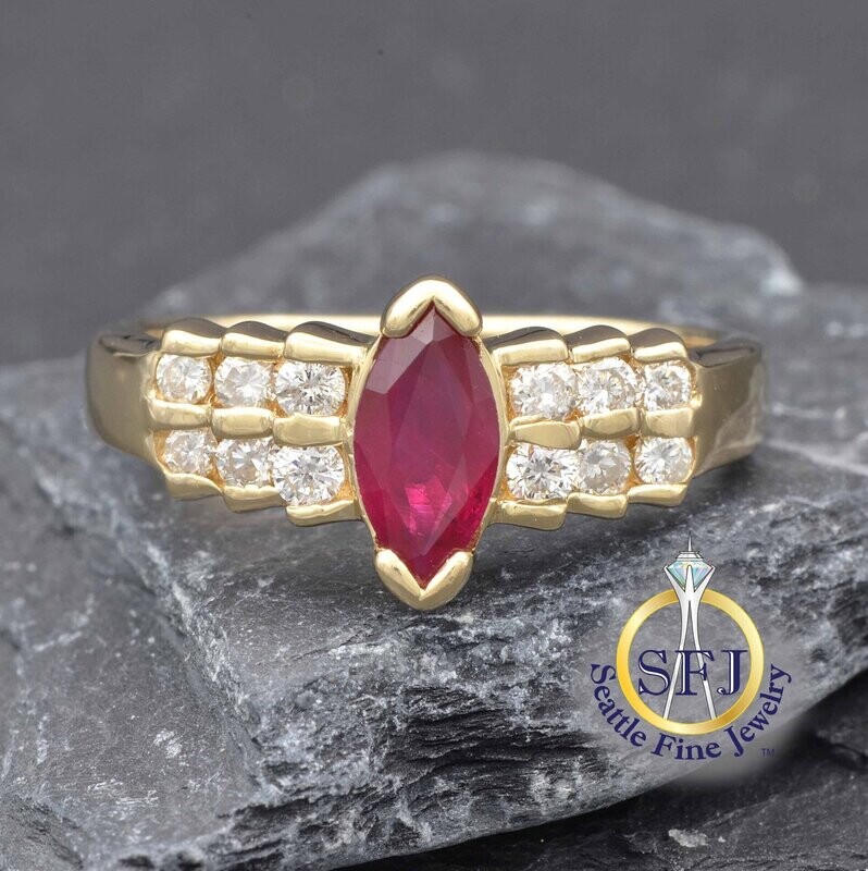 Marquise Ruby and Diamond Ring, Solid 14K Yellow Gold