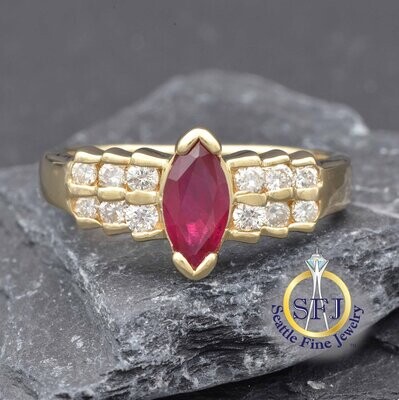 Marquise Ruby and Diamond Ring, Solid 14K Yellow Gold