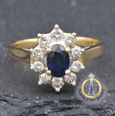 Sapphire and Diamond Halo Ring, Solid 14K Yellow Gold